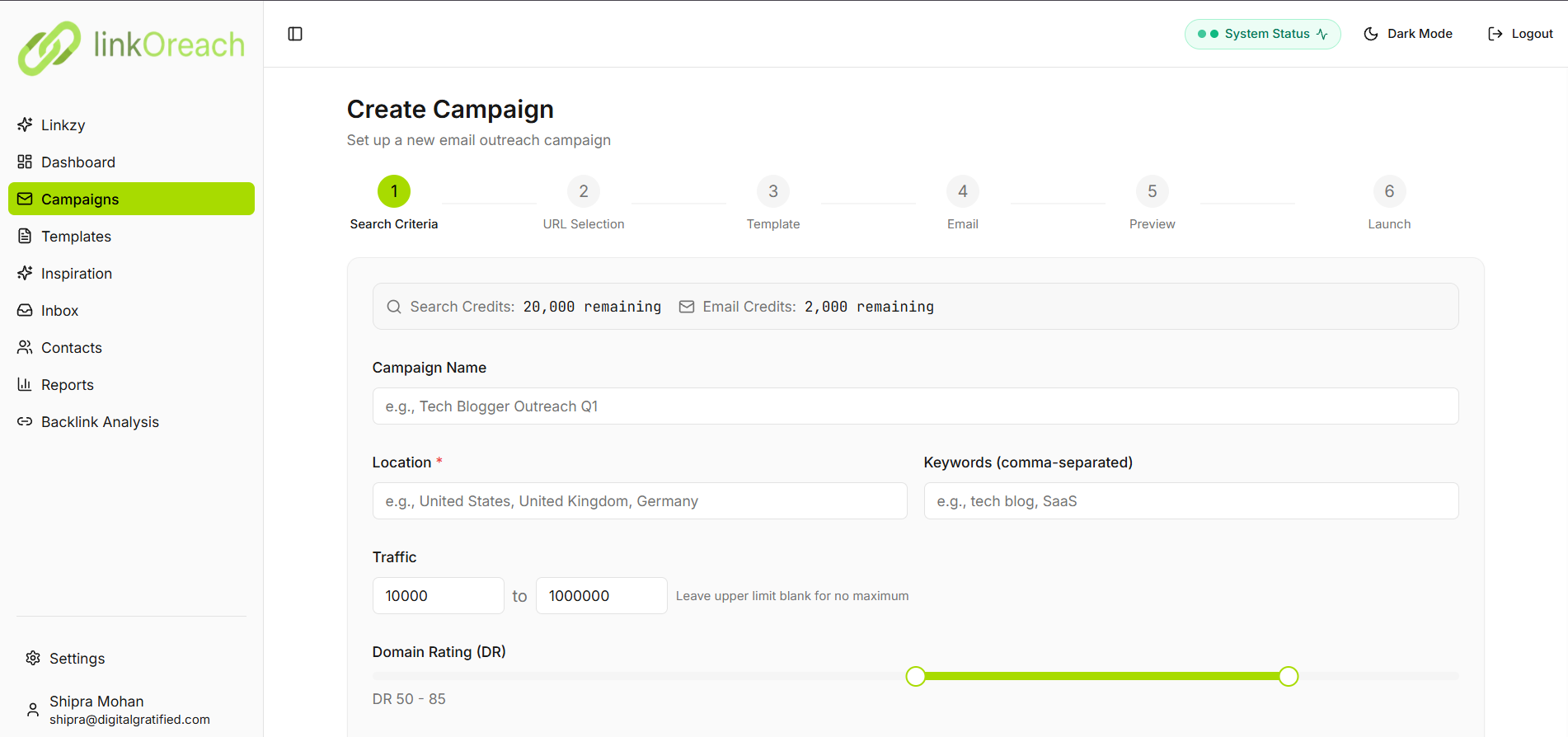 linkOreach campaign creation