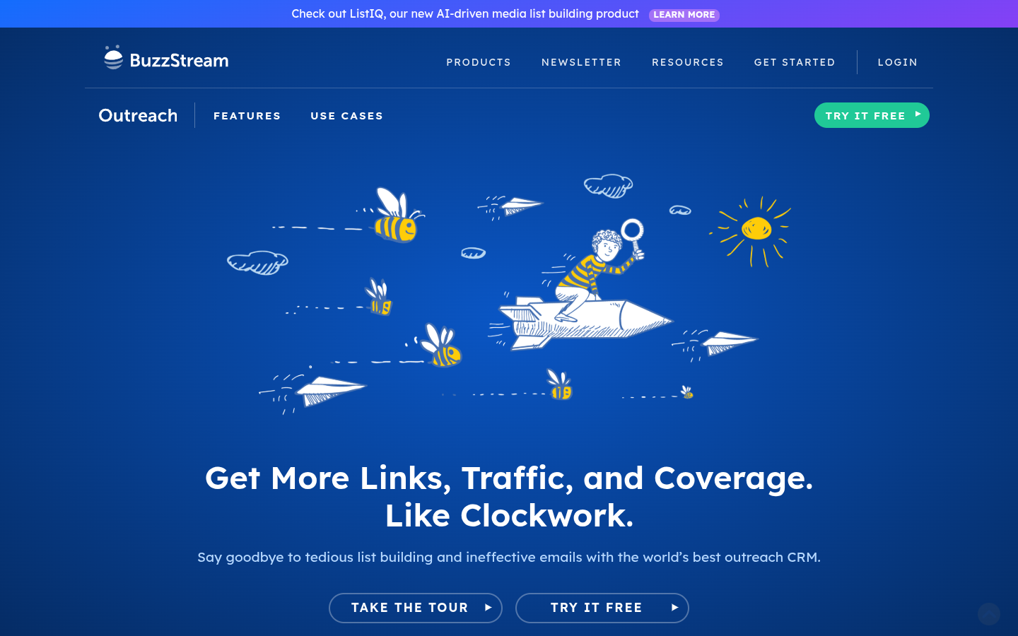 BuzzStream homepage with the headline Get More Links, Traffic, and Coverage, describing its outreach CRM
