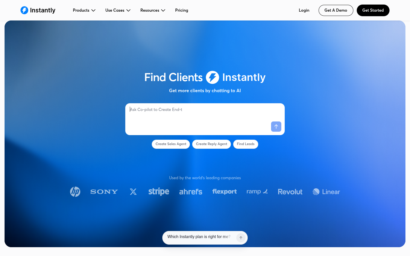 Instantly homepage with the headline Find Clients Instantly and a prompt box for its AI agents