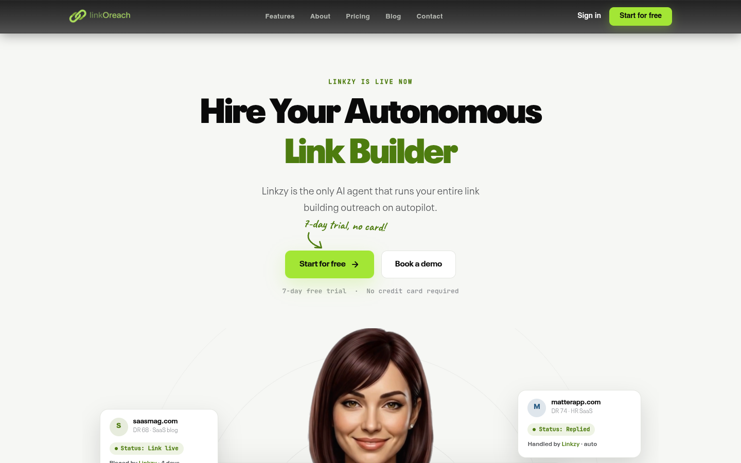linkOreach homepage introducing Linkzy, an autonomous AI link builder, with Start for free and Book a demo buttons
