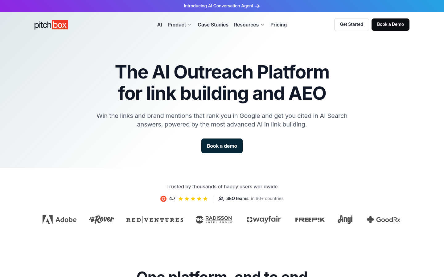 Pitchbox homepage presenting it as an AI outreach platform for link building and AEO, with a Book a demo button