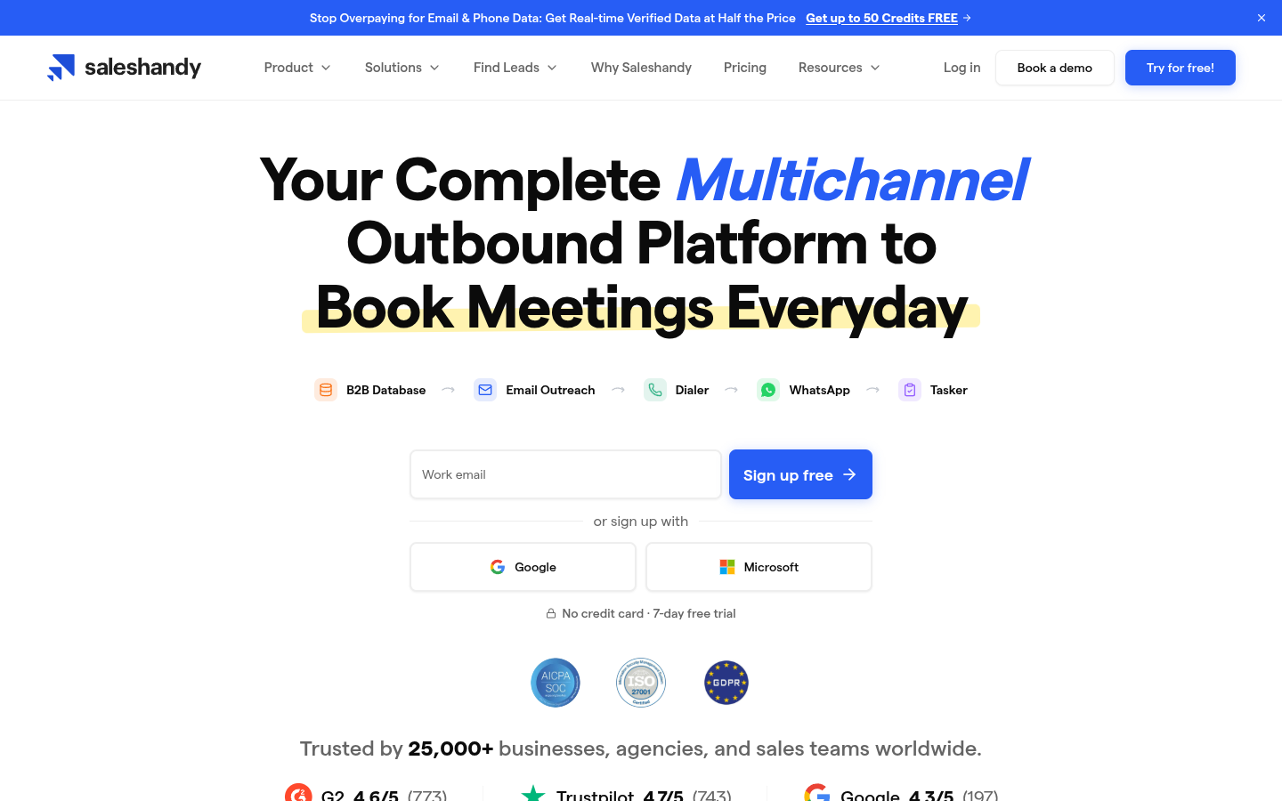 Saleshandy homepage presenting a multichannel outbound platform, with an email sign-up field and Google and Microsoft sign-in