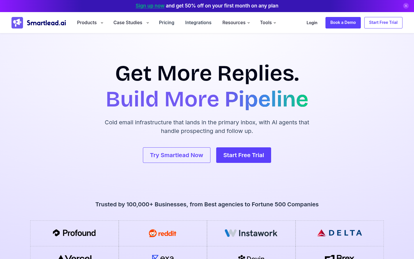 Smartlead homepage with the headline Get More Replies, Build More Pipeline, describing cold email infrastructure