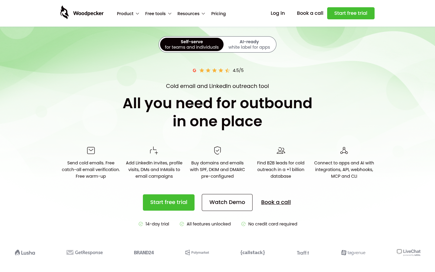 Woodpecker homepage describing a cold email and LinkedIn outreach tool, with a 14-day trial and no credit card required